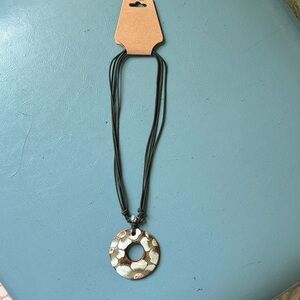 Floral Donut Pendant Necklace with Dark Gr Cord - Lightweight White & Pale Green